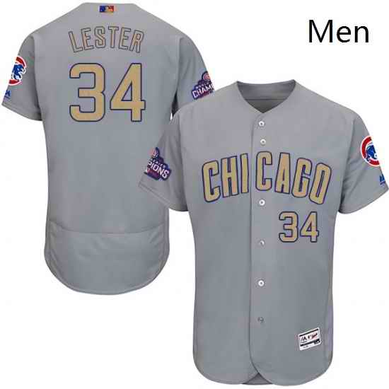 Mens Majestic Chicago Cubs 34 Jon Lester Authentic Gray 2017 Gold Champion Flex Base MLB Jersey